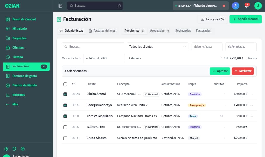 Cola de facturación de OZIAN (datos ficticios).