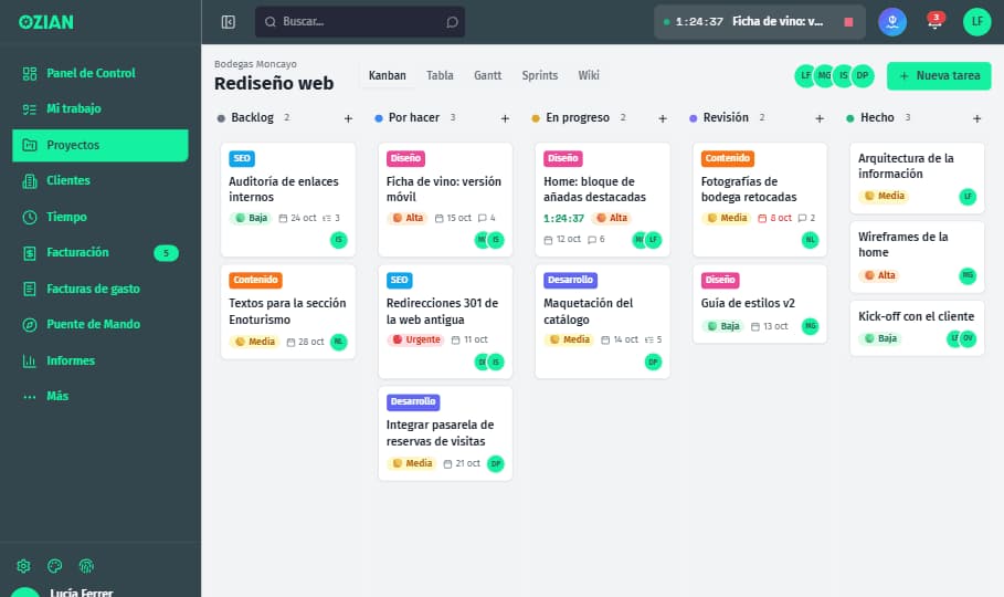 OZIAN Kanban board with tasks in columns (sample data).