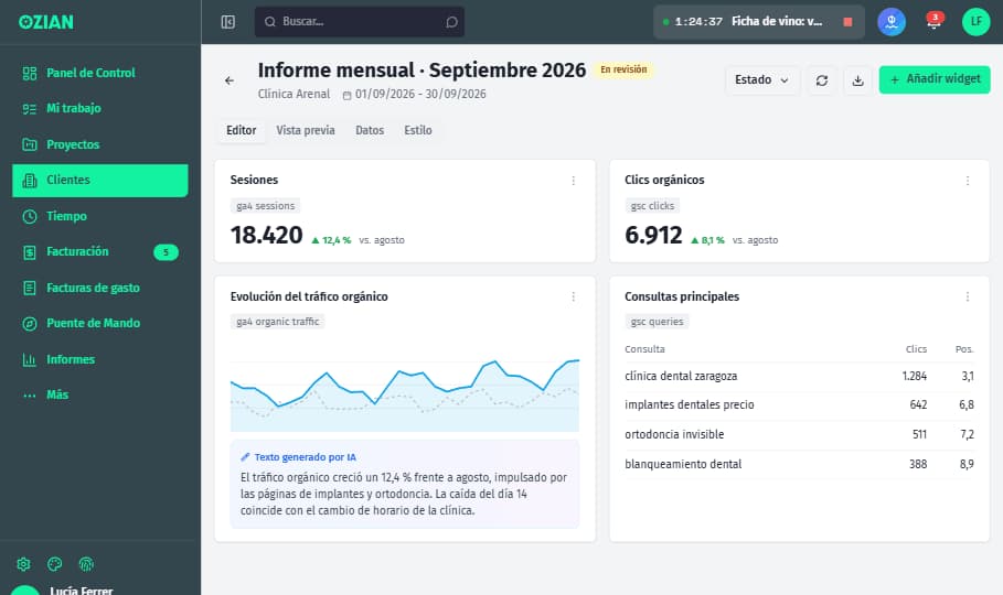 OZIAN client report with connector widgets (sample data).